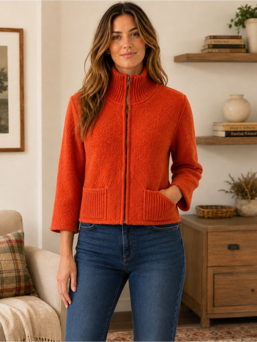 Vintage Tally-Ho 100% Wool Burnt Orange Zip Cardigan Jacket Women’s M